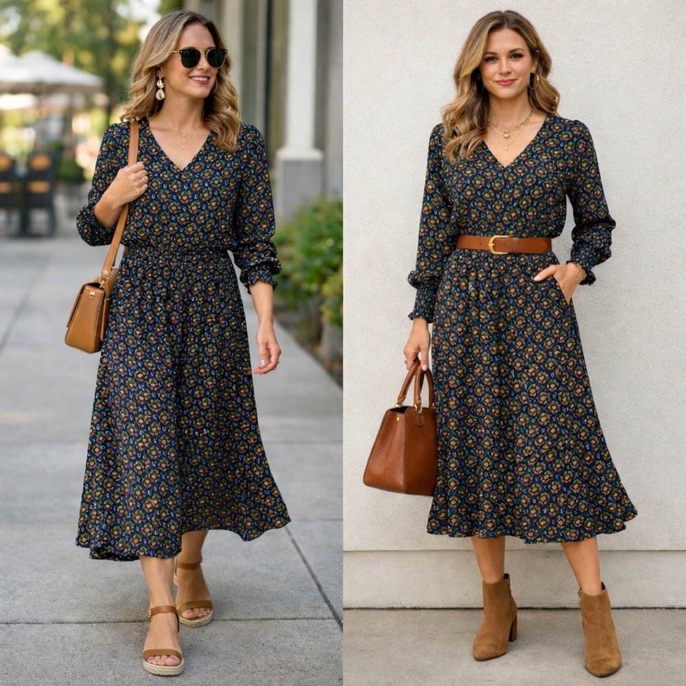 Black Long Sleeve Patterned Dress with Ruffle Bottom